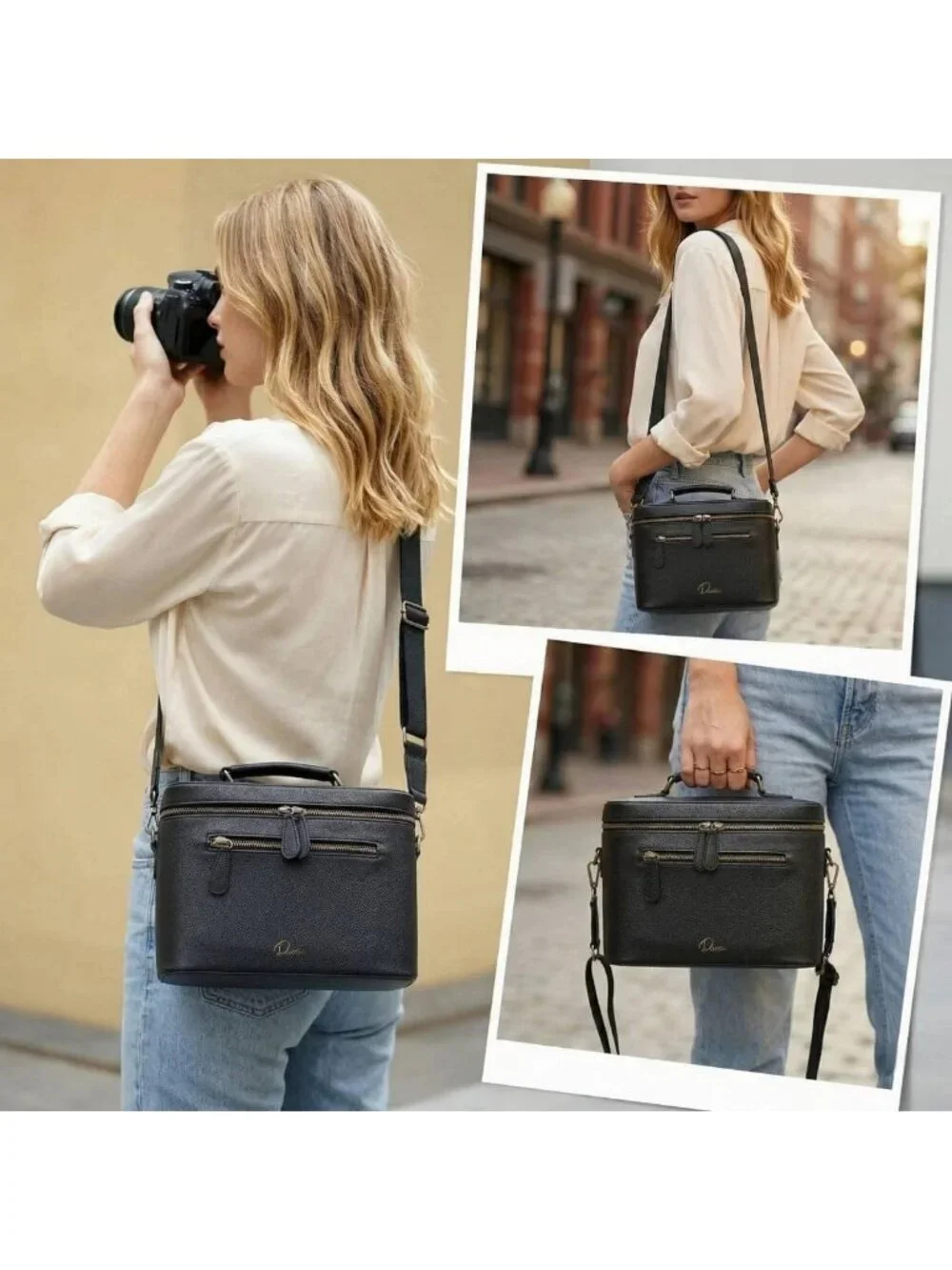 Waterproof Crossbody Camera Sling Bag, PU Leather Small Shoulder Case for DSLR